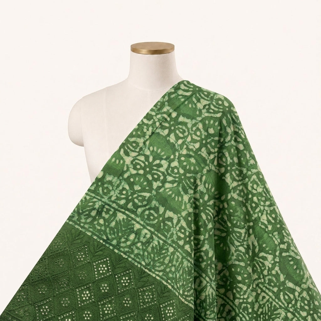 Batik Hakoba Green Batik Hakoba Cotton Fabric Draped as a saree
