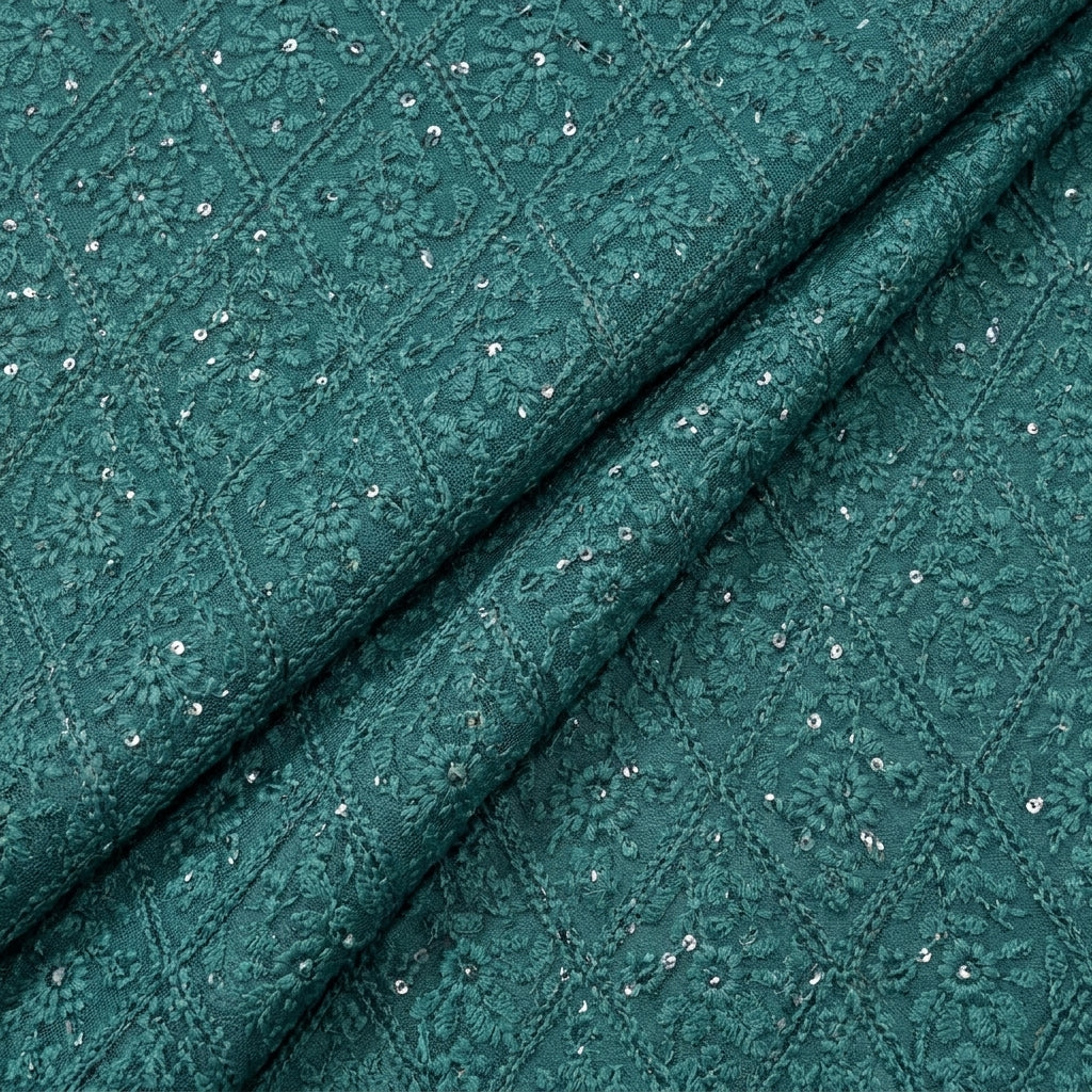 Folded Embroidery Green Embroidery Georgette Fabric