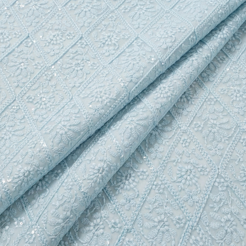 Folded Embroidery Blue Embroidery Georgette Fabric
