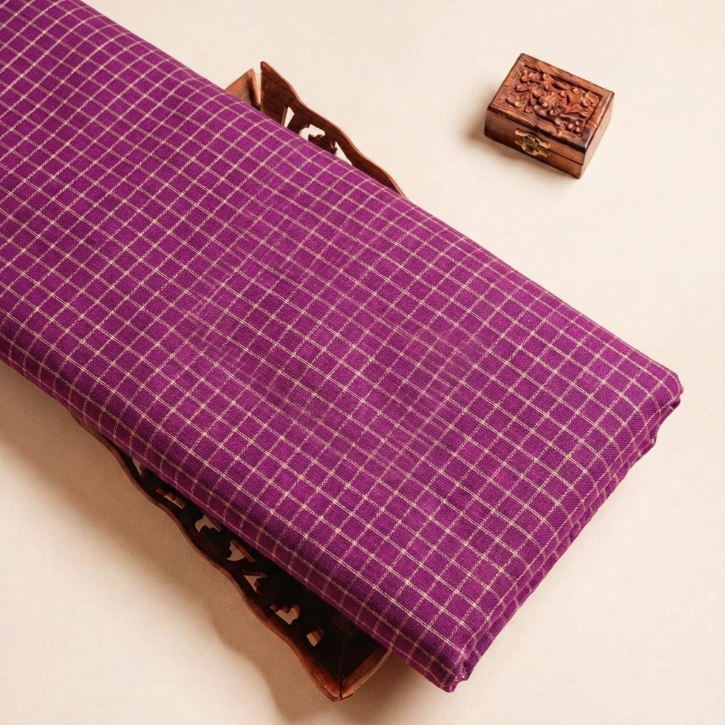 Folded Rani Pink Zari Checked Chanderi Fabric Highlighting and Texture