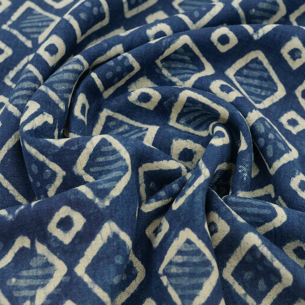 Swirled Ajrakh Indigo Ajrakh Cotton Fabric