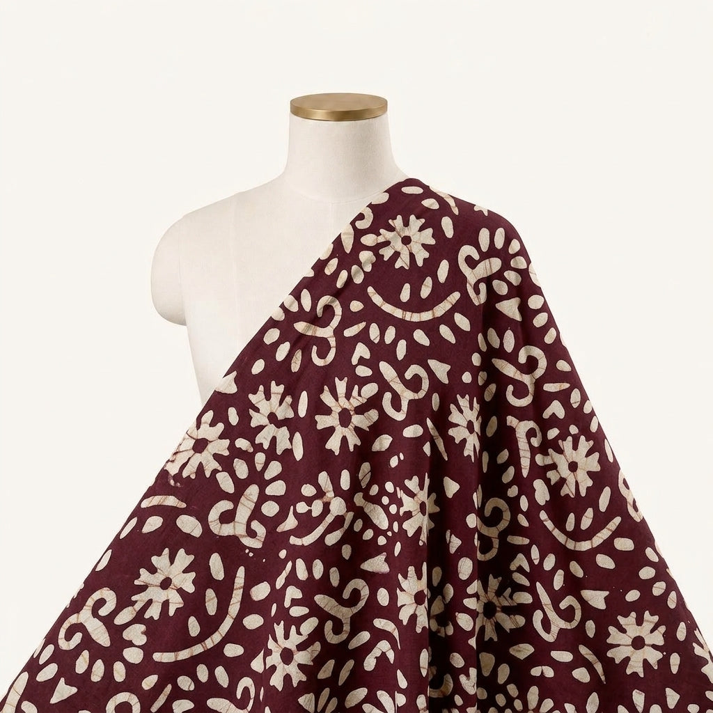 Batik Wine Batik Cotton Fabric Draped as a saree