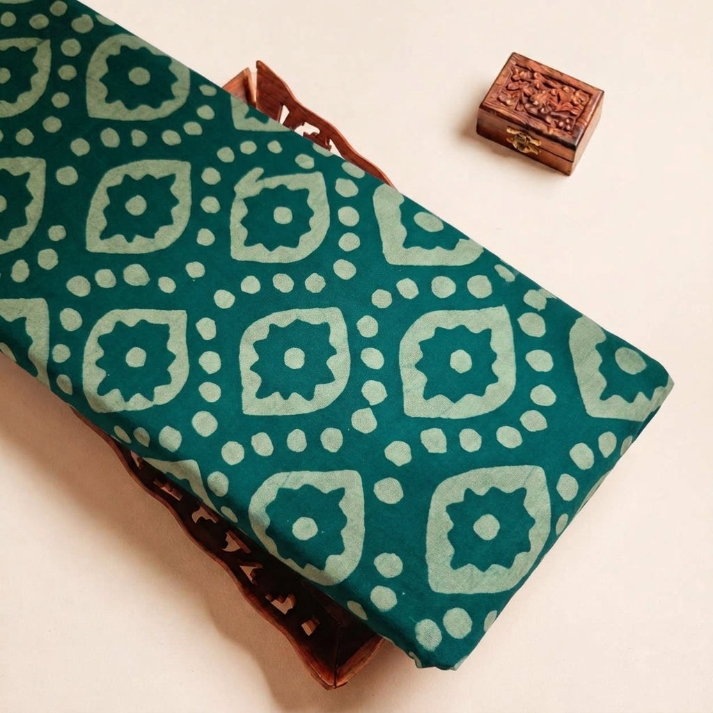Folded Green Batik Cotton Fabric Highlighting and Texture