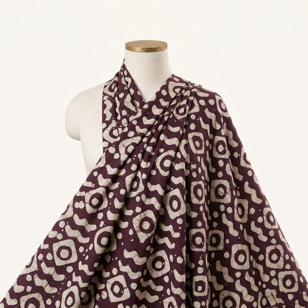Batik Wine Batik Cotton Fabric Draped as a saree