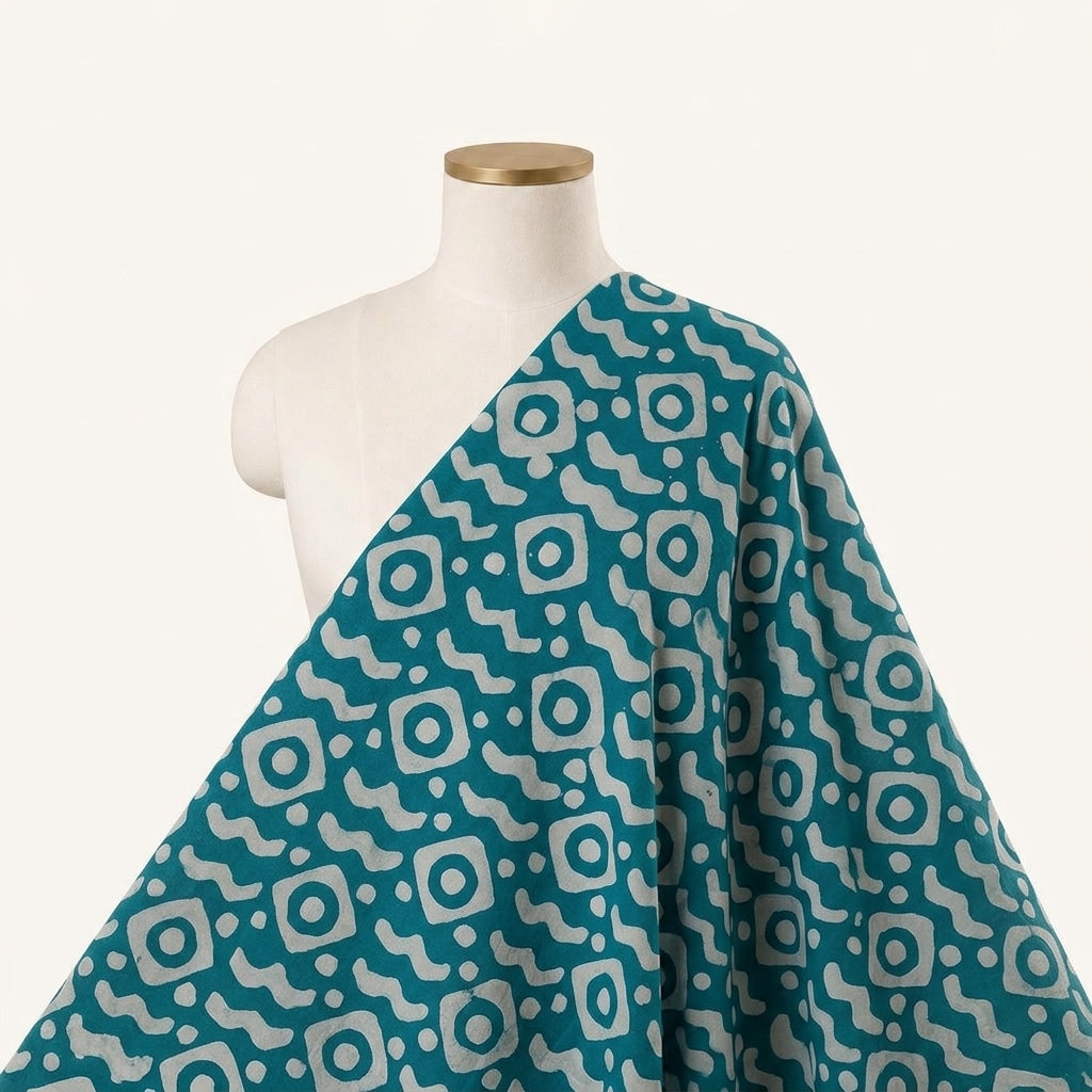 Batik Sea Green Batik Cotton Fabric Draped as a saree