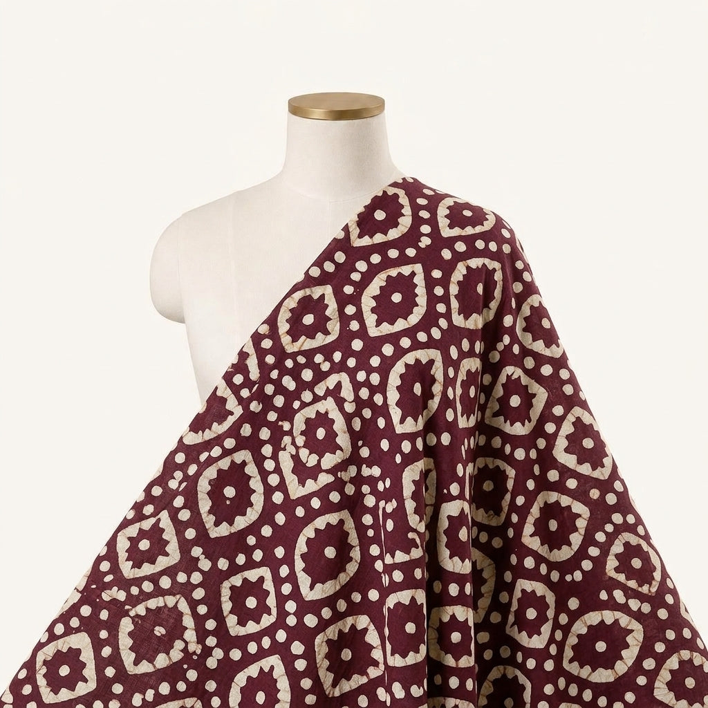 Batik Wine Batik Cotton Fabric Draped as a saree