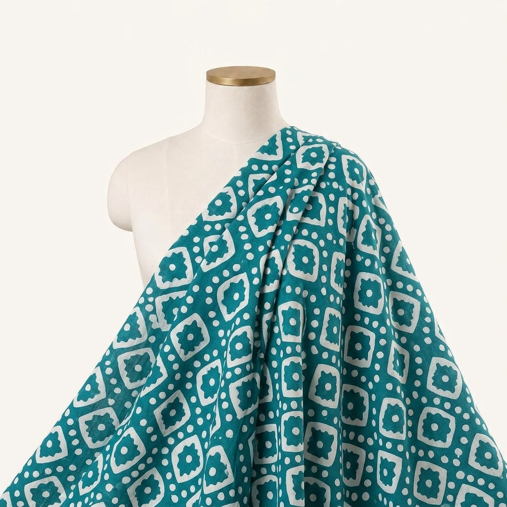 Batik Sea Green Batik Cotton Fabric Draped as a saree