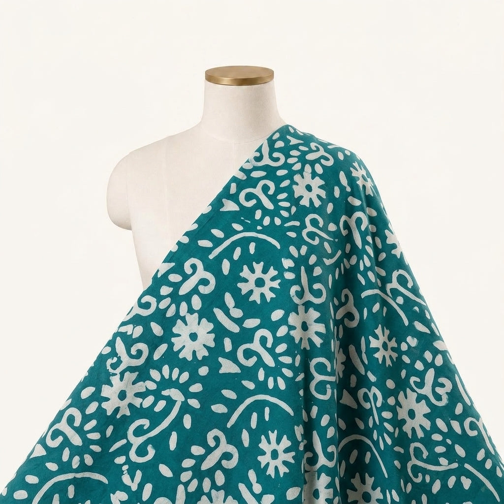 Batik Sea Green Batik Cotton Fabric Draped as a saree