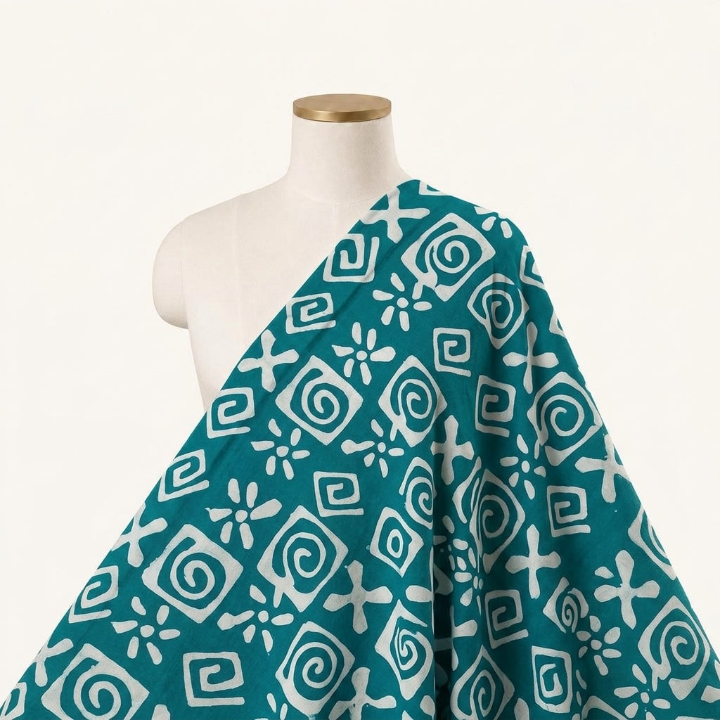 Batik Sea Green Batik Cotton Fabric Draped as a saree
