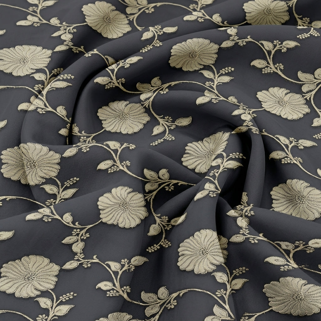 Swirled Embroidery Black Embroidery Semi Banaras Fabric