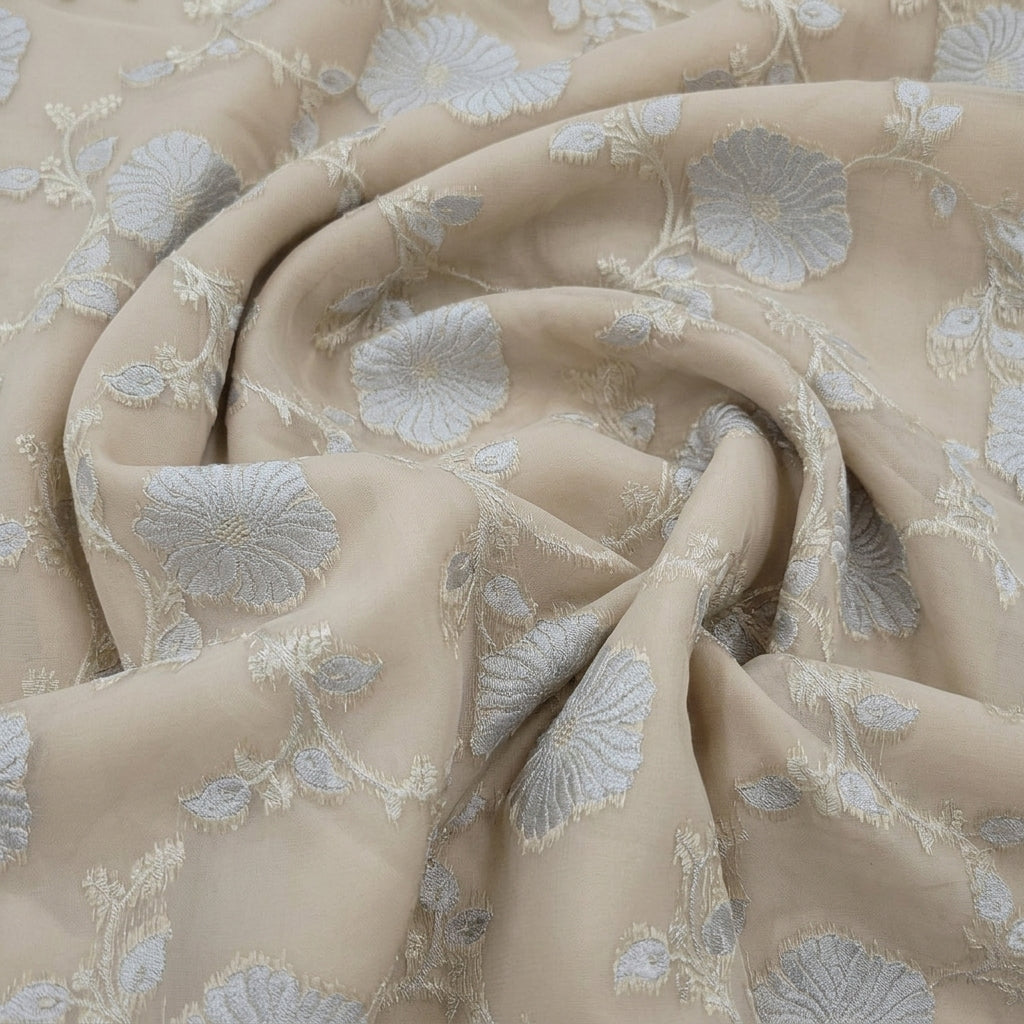 Swirled Embroidery Beige Embroidery Semi Banaras Fabric