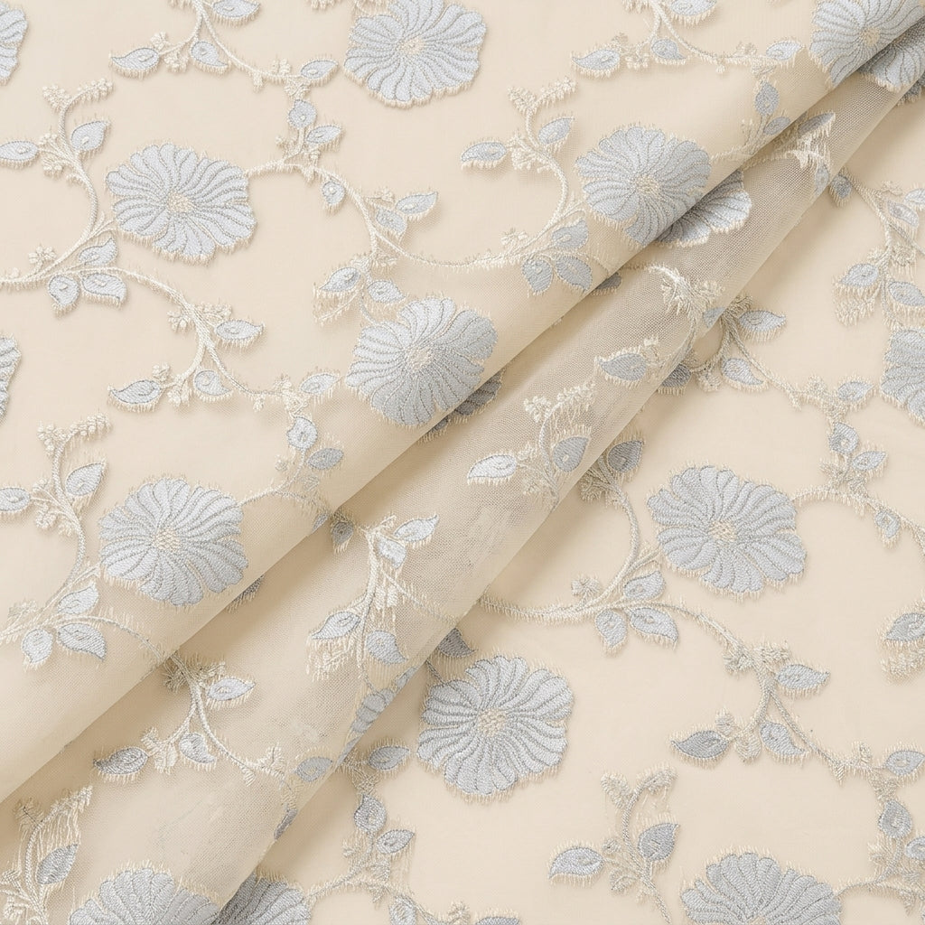 Folded Embroidery Beige Embroidery Semi Banaras Fabric