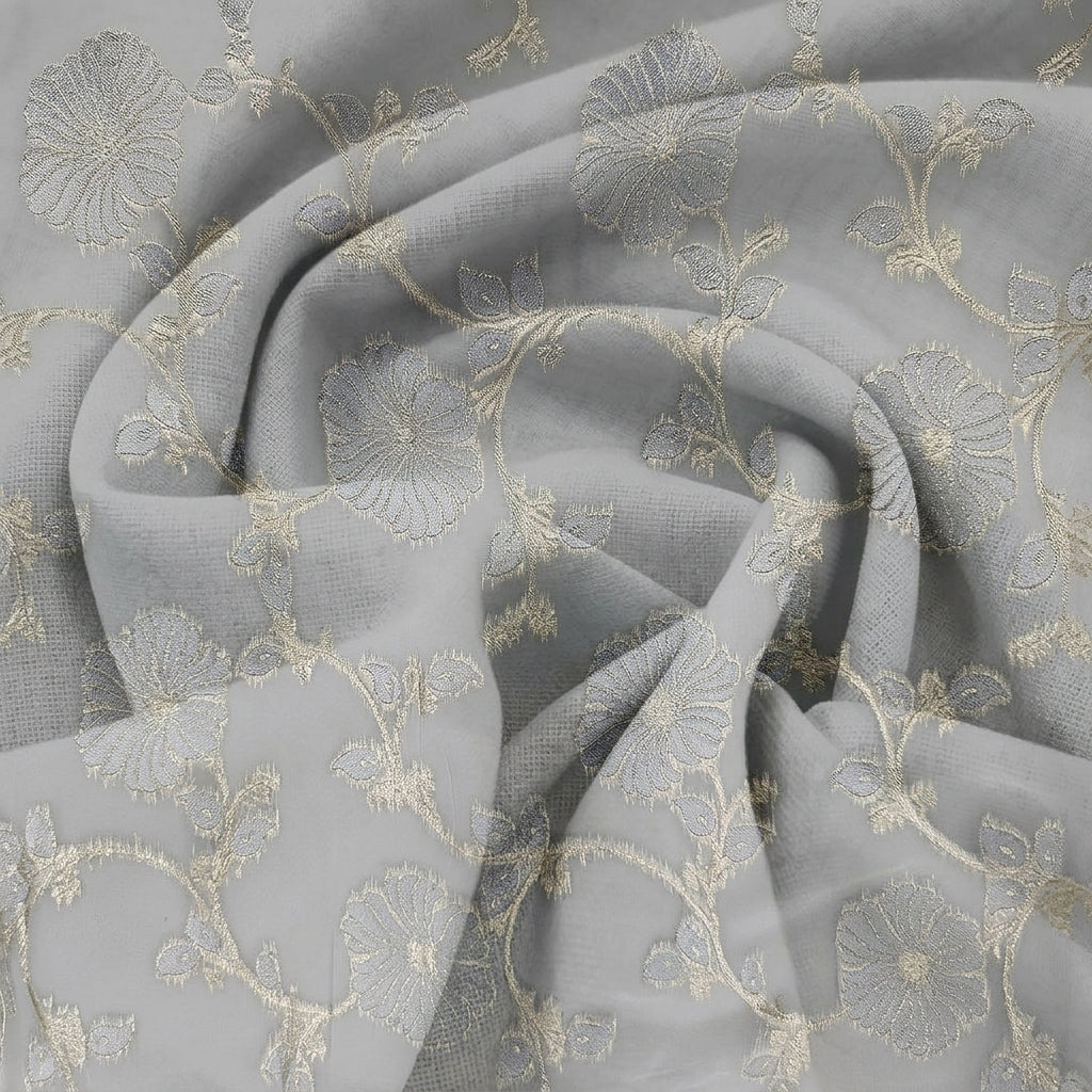 Swirled Embroidery Grey Embroidery Semi Banaras Fabric