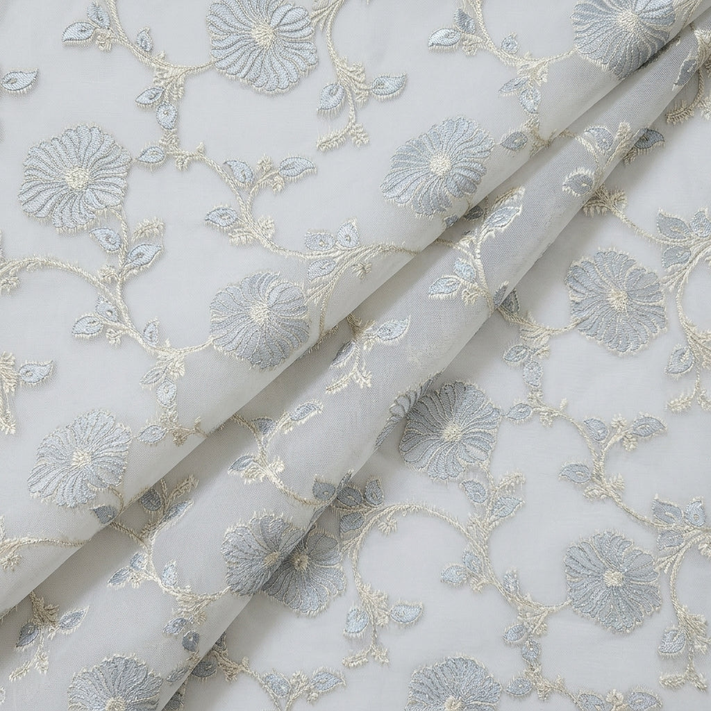 Folded Embroidery Grey Embroidery Semi Banaras Fabric