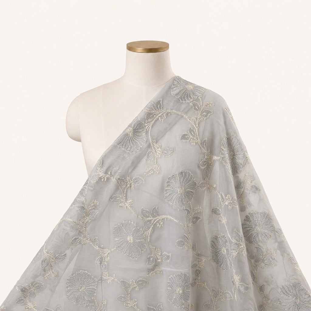 Embroidery Grey Embroidery Semi Banaras Fabric Draped as a saree
