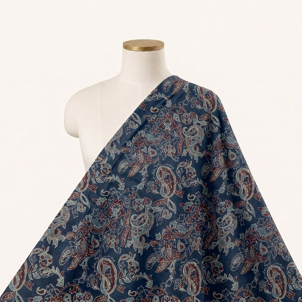 Dark Blue Paisley Crepe Fabric - EC16346