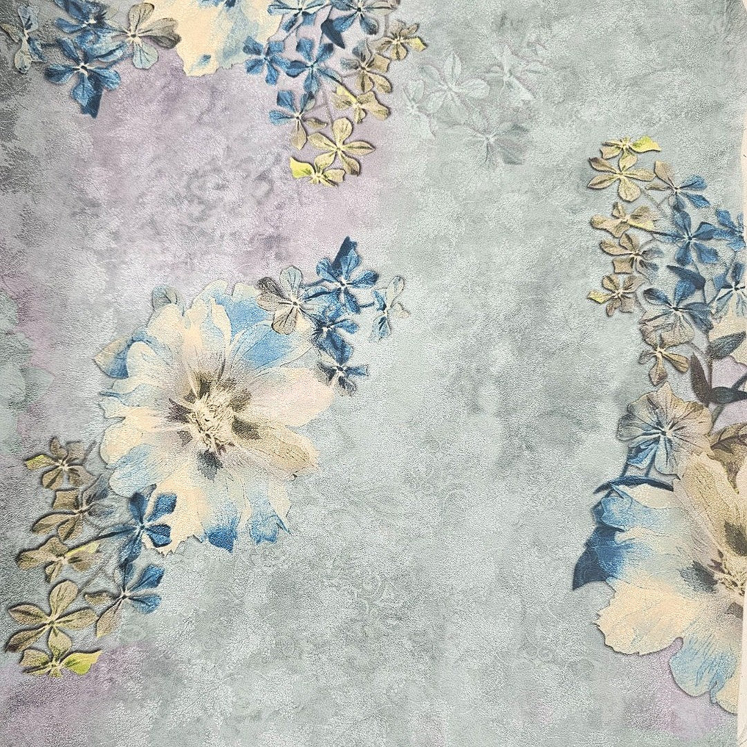 Blue Floral Crepe Fabric - EC16350 - EC16350 - Flat fabric