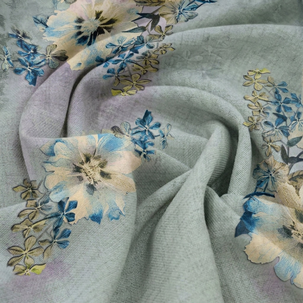 Swirled Floral Blue Floral Crepe Fabric