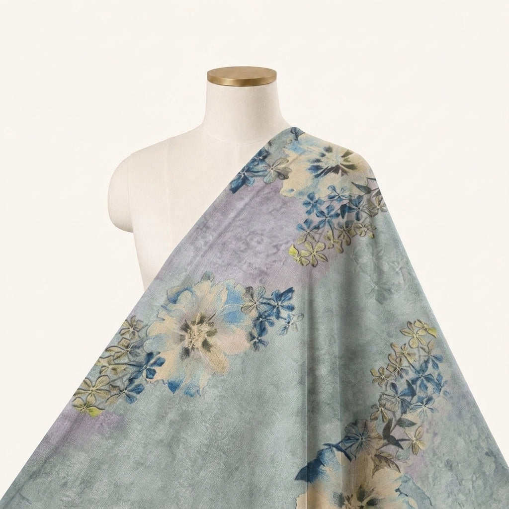 Floral Blue Floral Crepe Fabric Draped as a saree