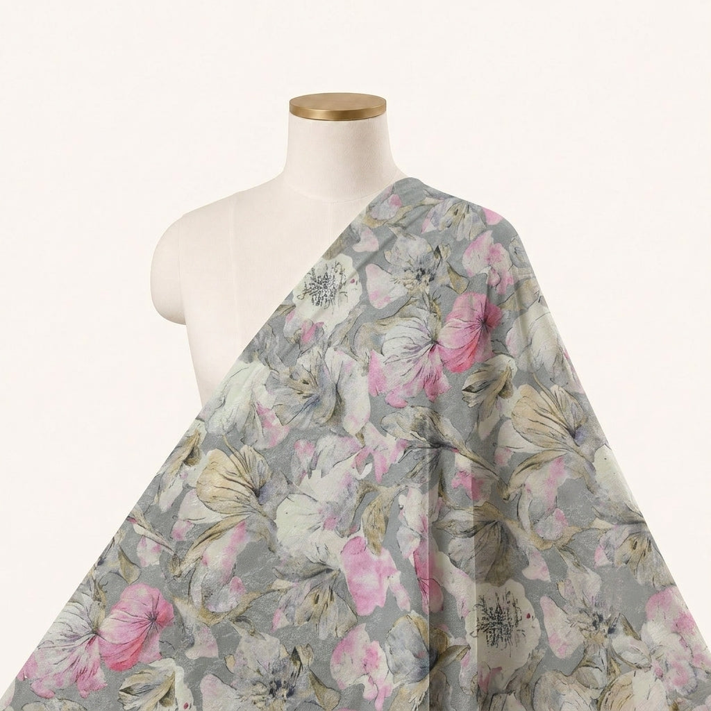 Grey Floral Crepe Fabric - EC16353
