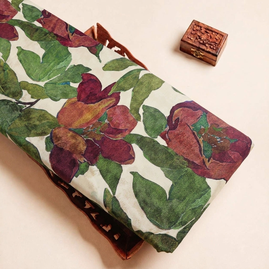 Folded Cream Floral Crepe Fabric Highlighting and Texture
