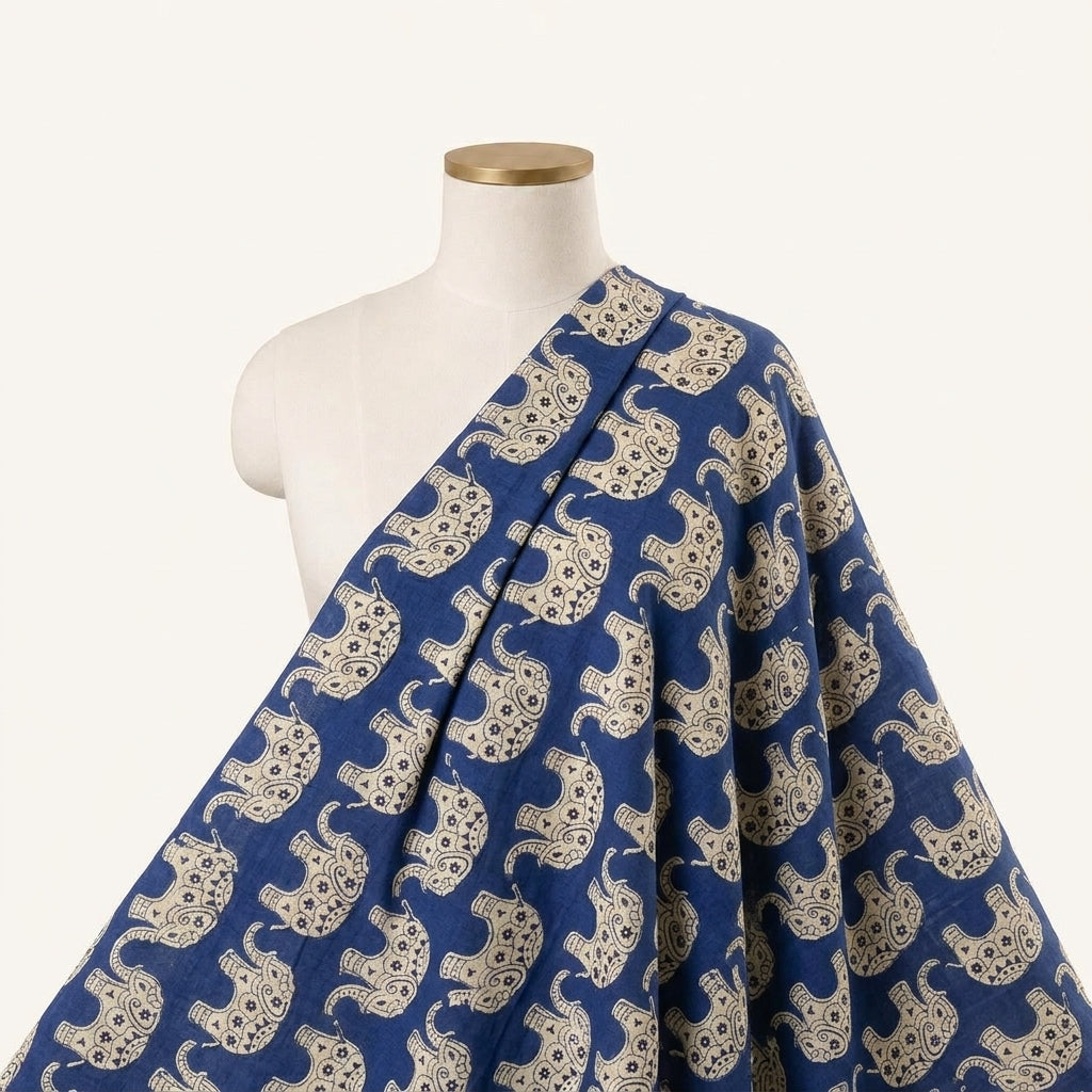 Animal Print Royal Blue Animal Print Cotton Fabric Draped as a saree