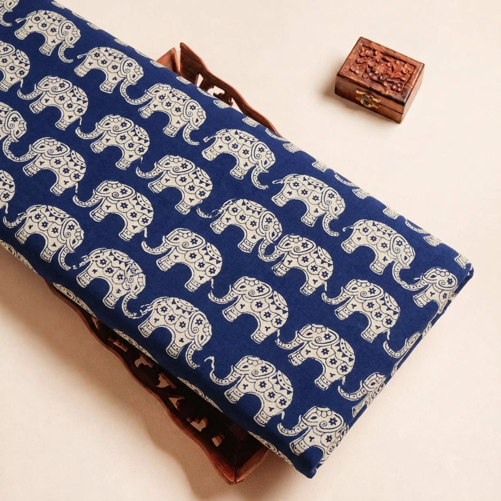 Folded Royal Blue Animal Print Cotton Fabric Highlighting and Texture