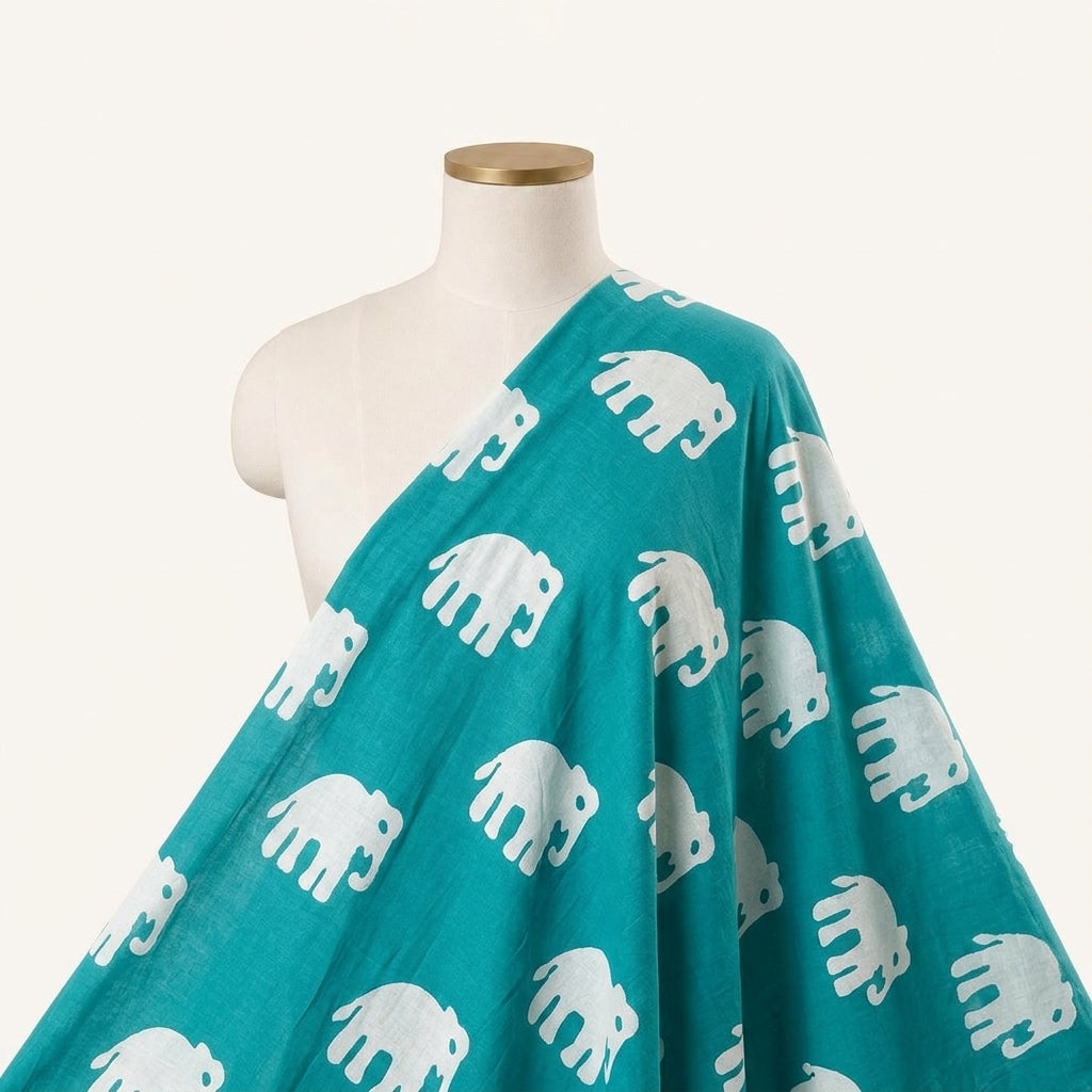 Animal Print Sea Blue Animal Print Cotton Fabric Draped as a saree