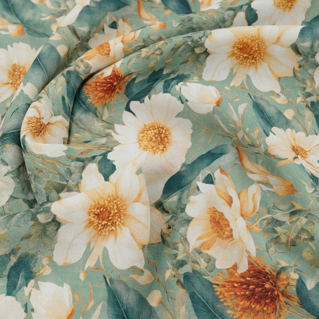 Swirled Floral Green Floral Crepe Fabric