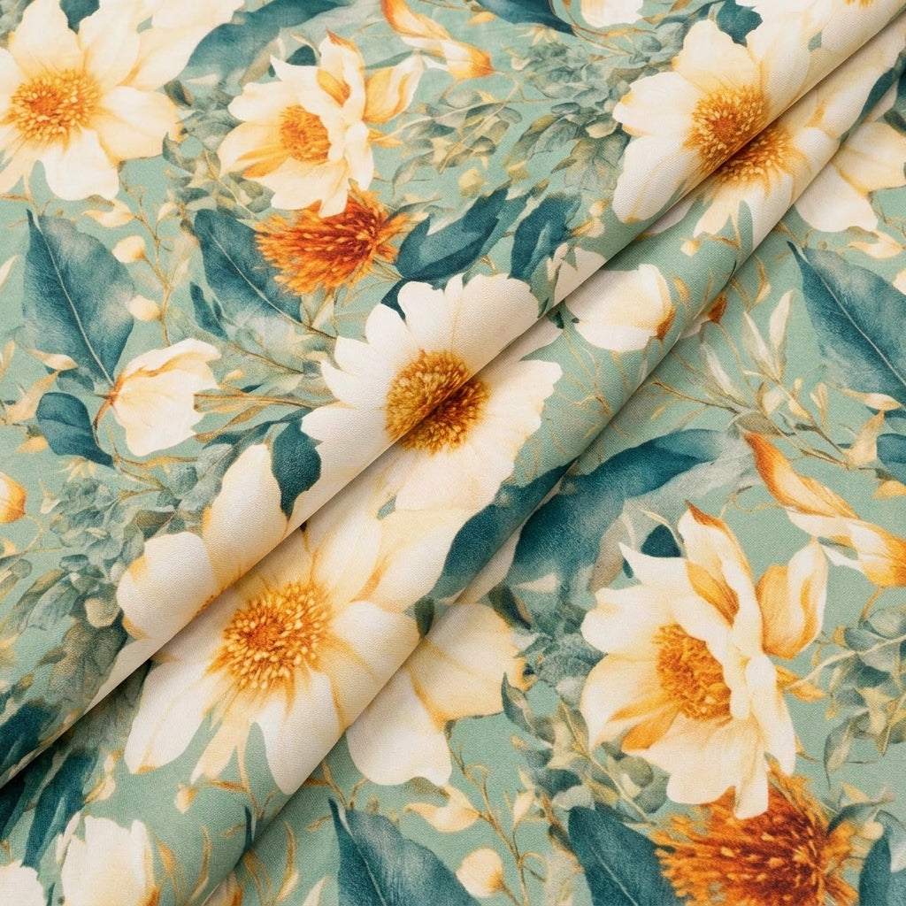Folded Floral Green Floral Crepe Fabric