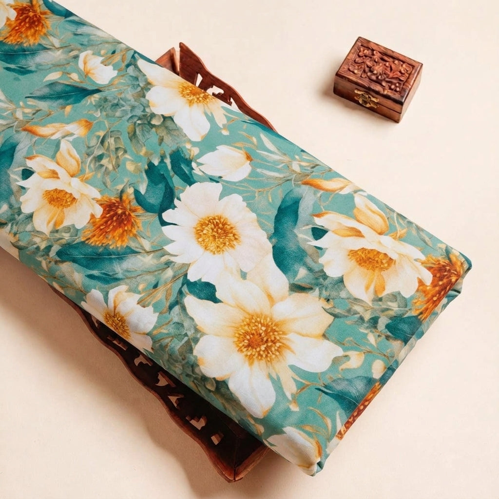 Folded Green Floral Crepe Fabric Highlighting and Texture