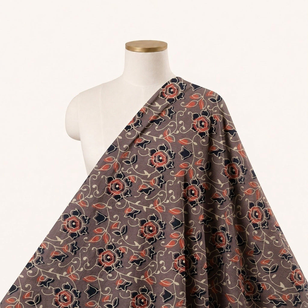 Ajrakh Brown Ajrakh Cotton Fabric Draped as a saree