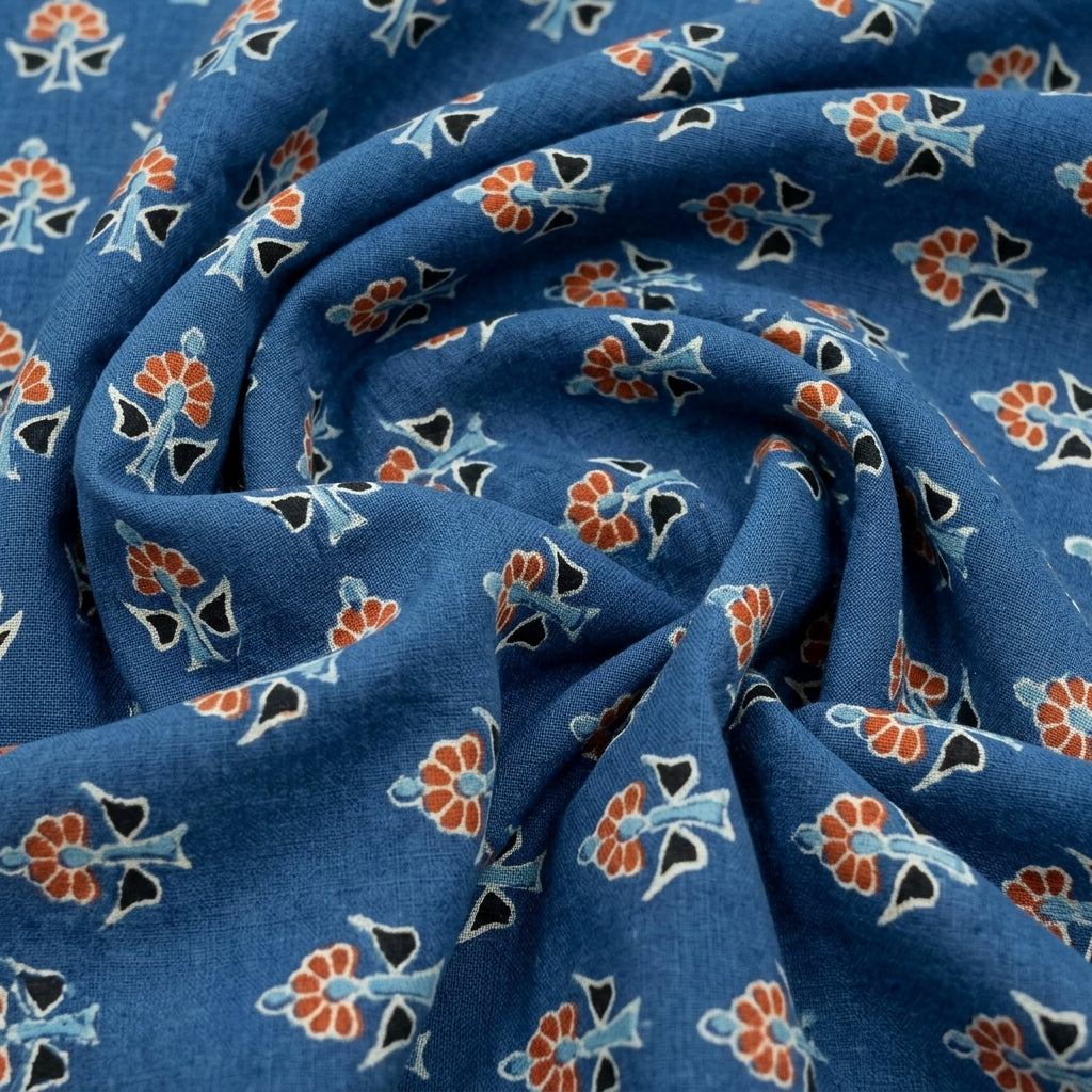 Swirled Ajrakh Blue Ajrakh Cotton Fabric