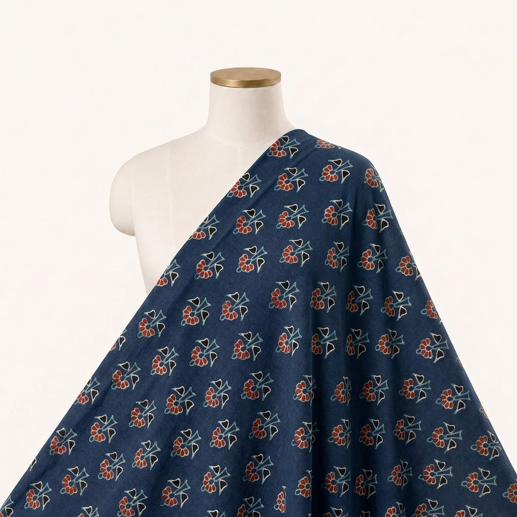 Ajrakh Blue Ajrakh Cotton Fabric Draped as a saree