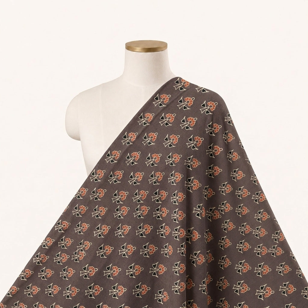Ajrakh Brown Ajrakh Cotton Fabric Draped as a saree