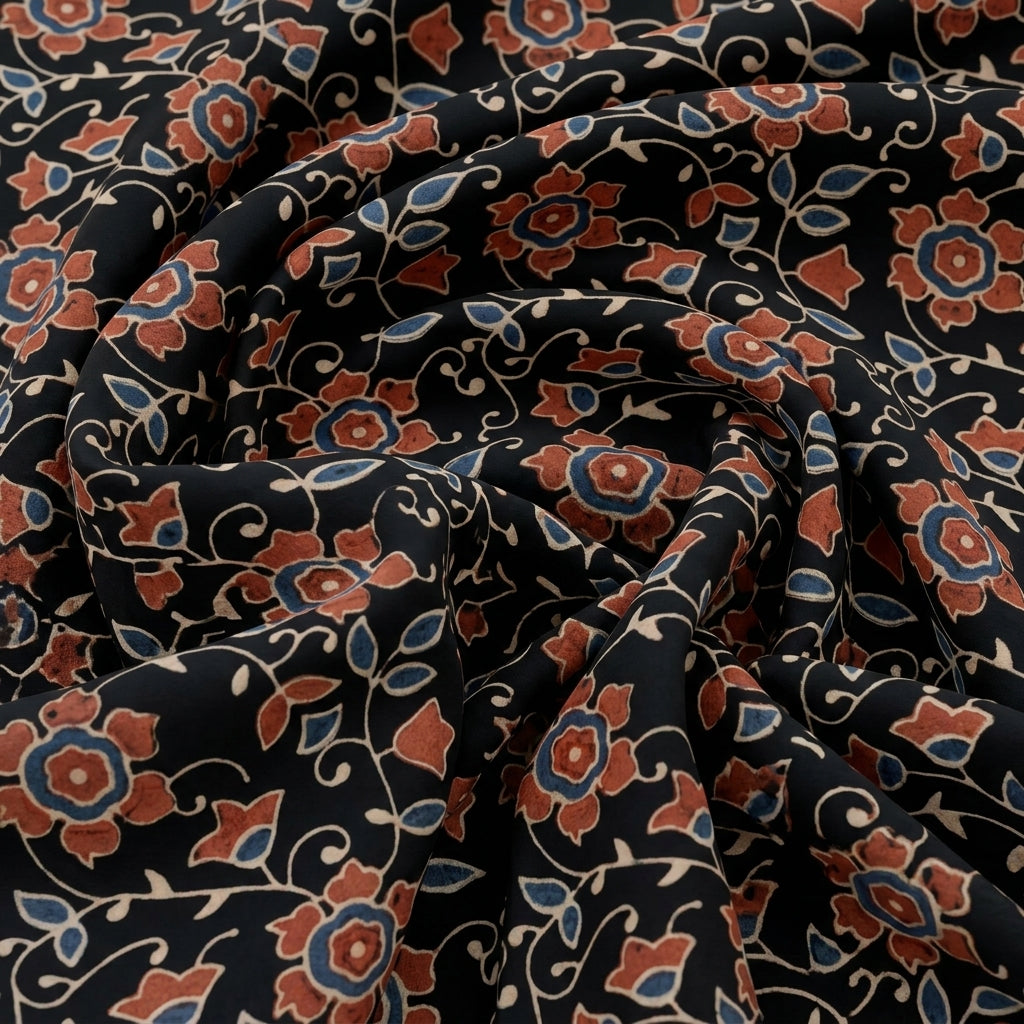 Swirled Ajrakh Black Ajrakh Cotton Fabric