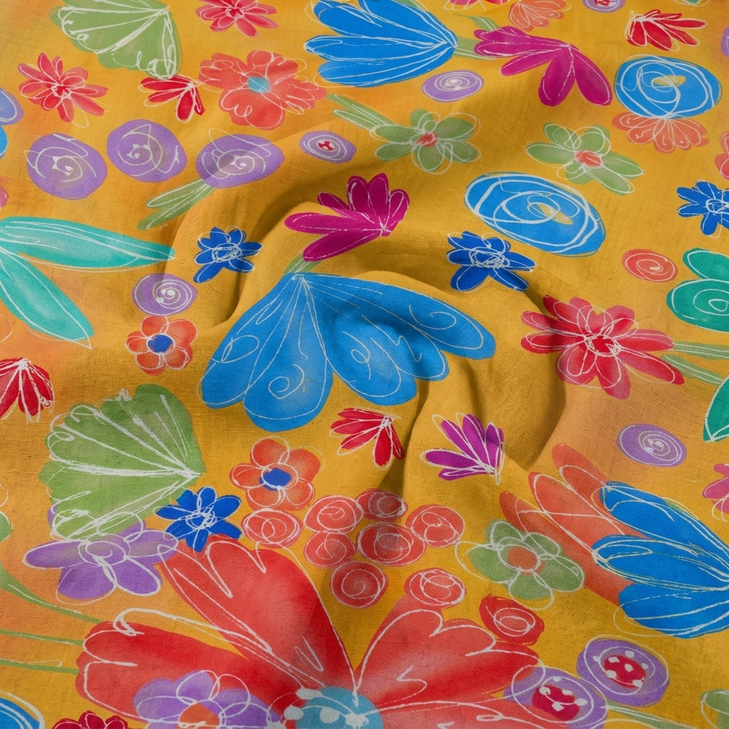 Swirled Floral Mustard Yellow Floral Crepe Fabric