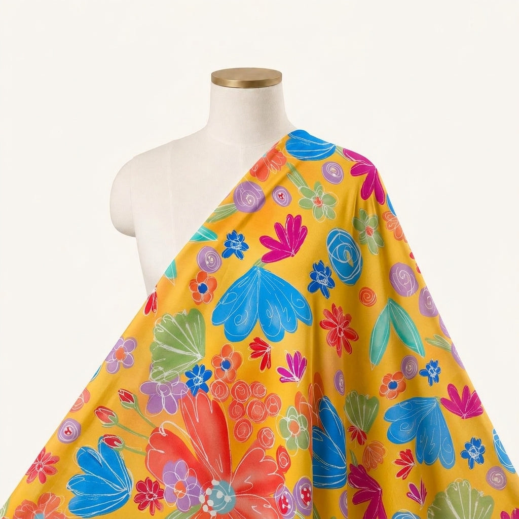 Floral Mustard Yellow Floral Crepe Fabric Draped as a saree