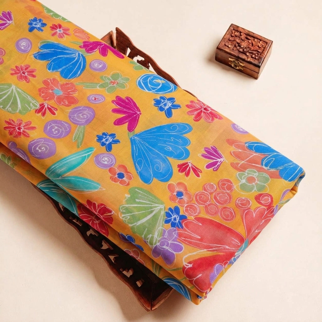 Folded Mustard Yellow Floral Crepe Fabric Highlighting and Texture
