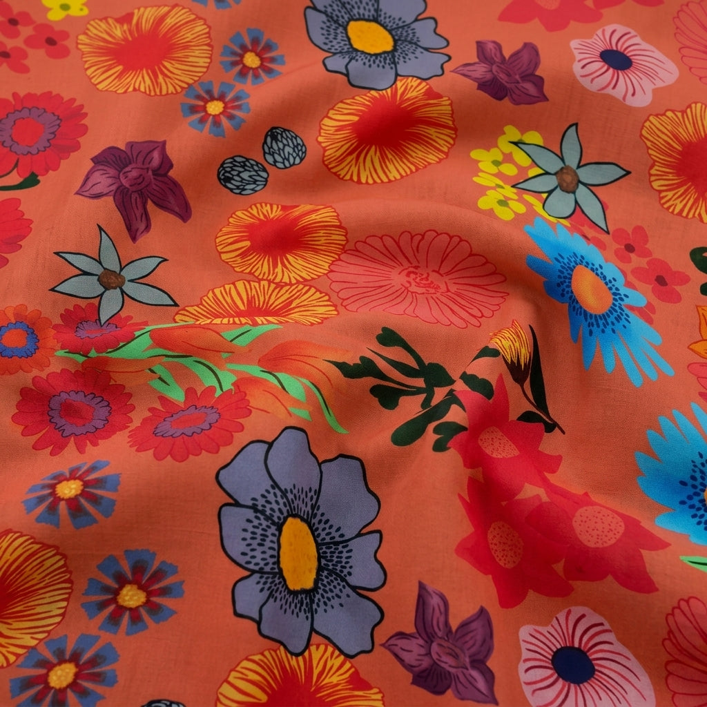 Swirled Floral Rust Floral Crepe Fabric