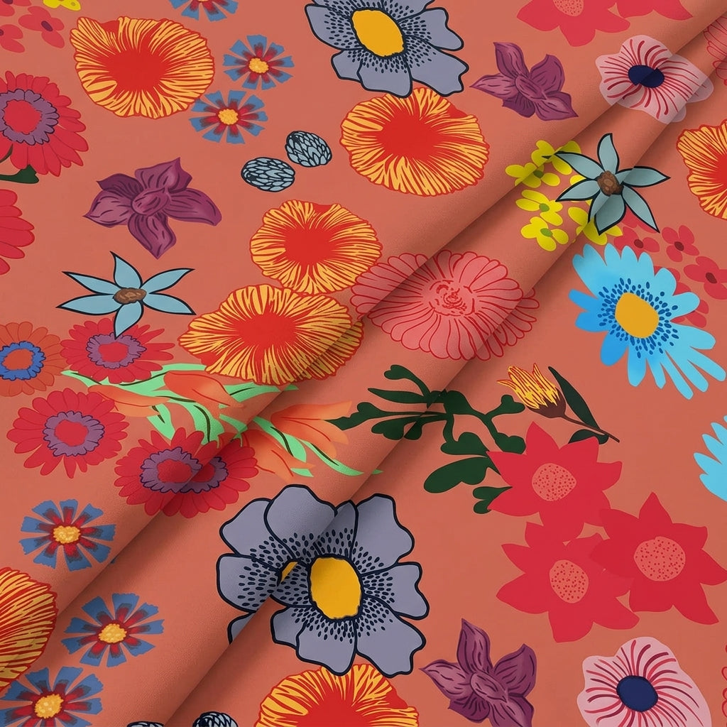 Folded Floral Rust Floral Crepe Fabric