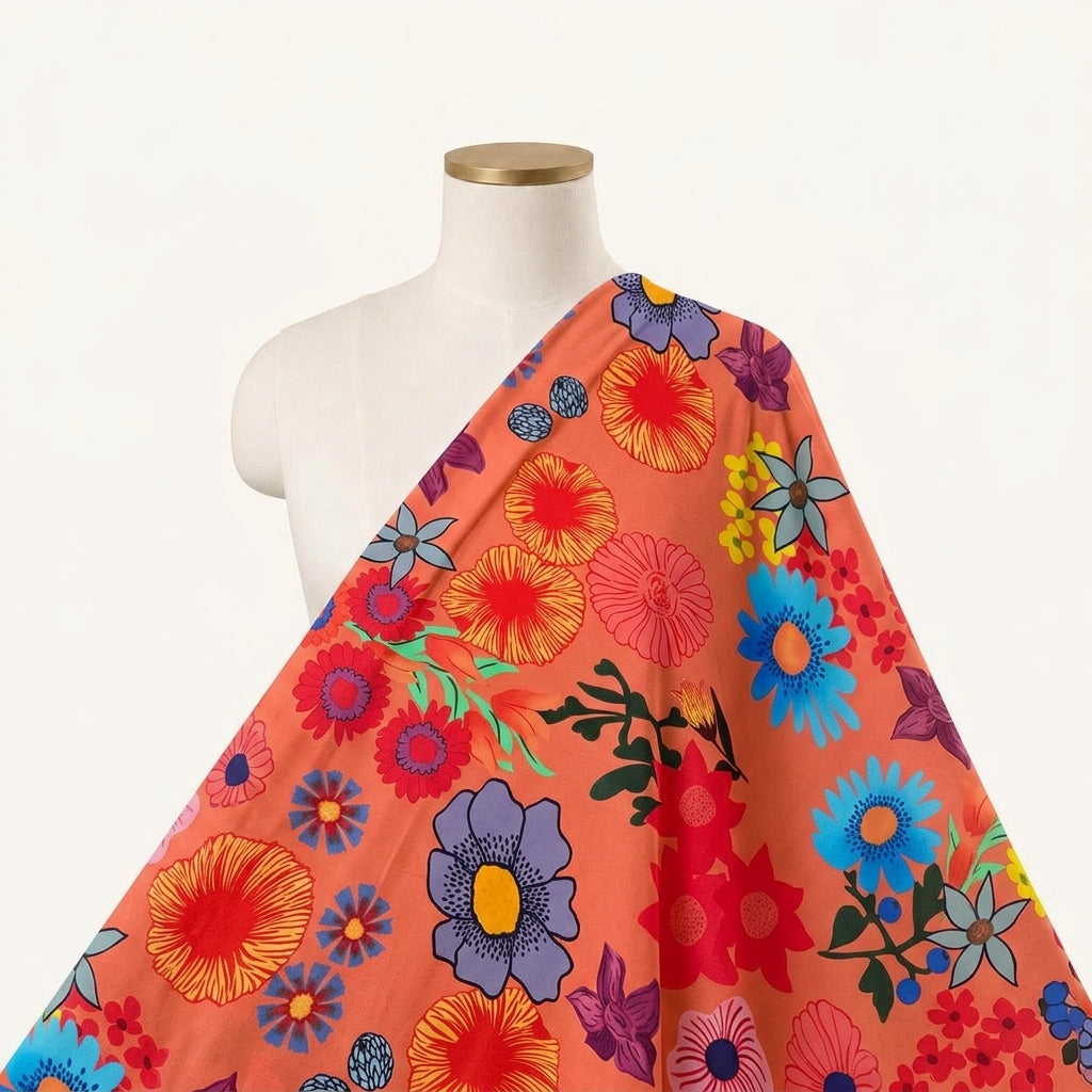 Floral Rust Floral Crepe Fabric Draped as a saree