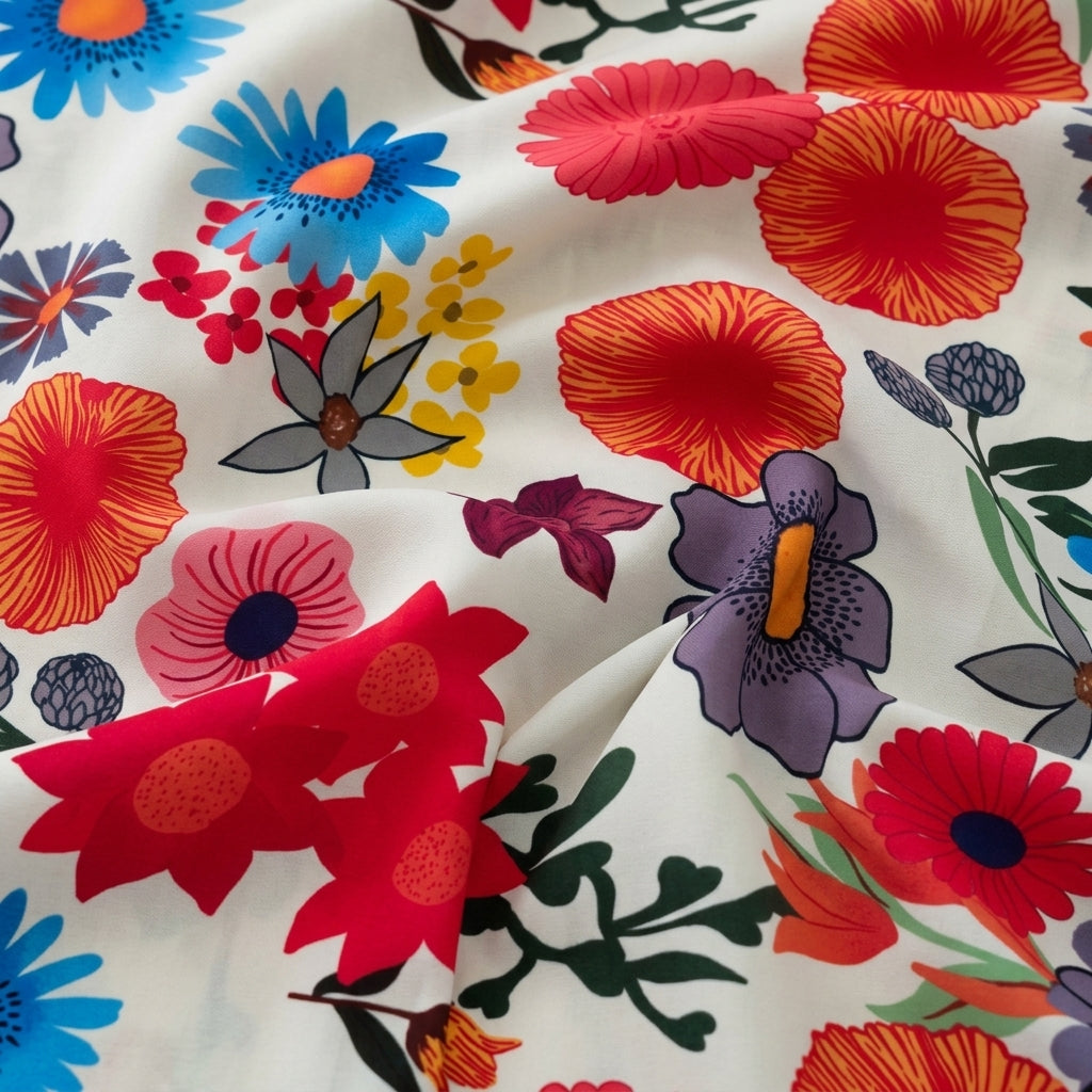 Swirled Floral Cream Floral Crepe Fabric
