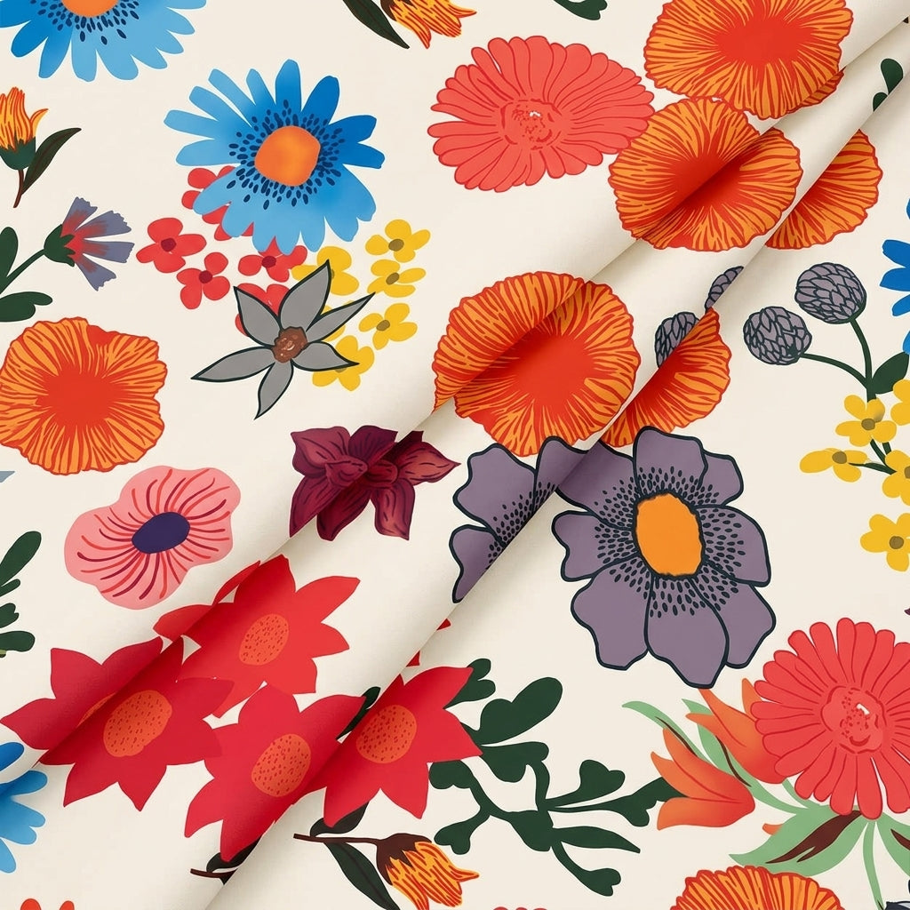 Folded Floral Cream Floral Crepe Fabric