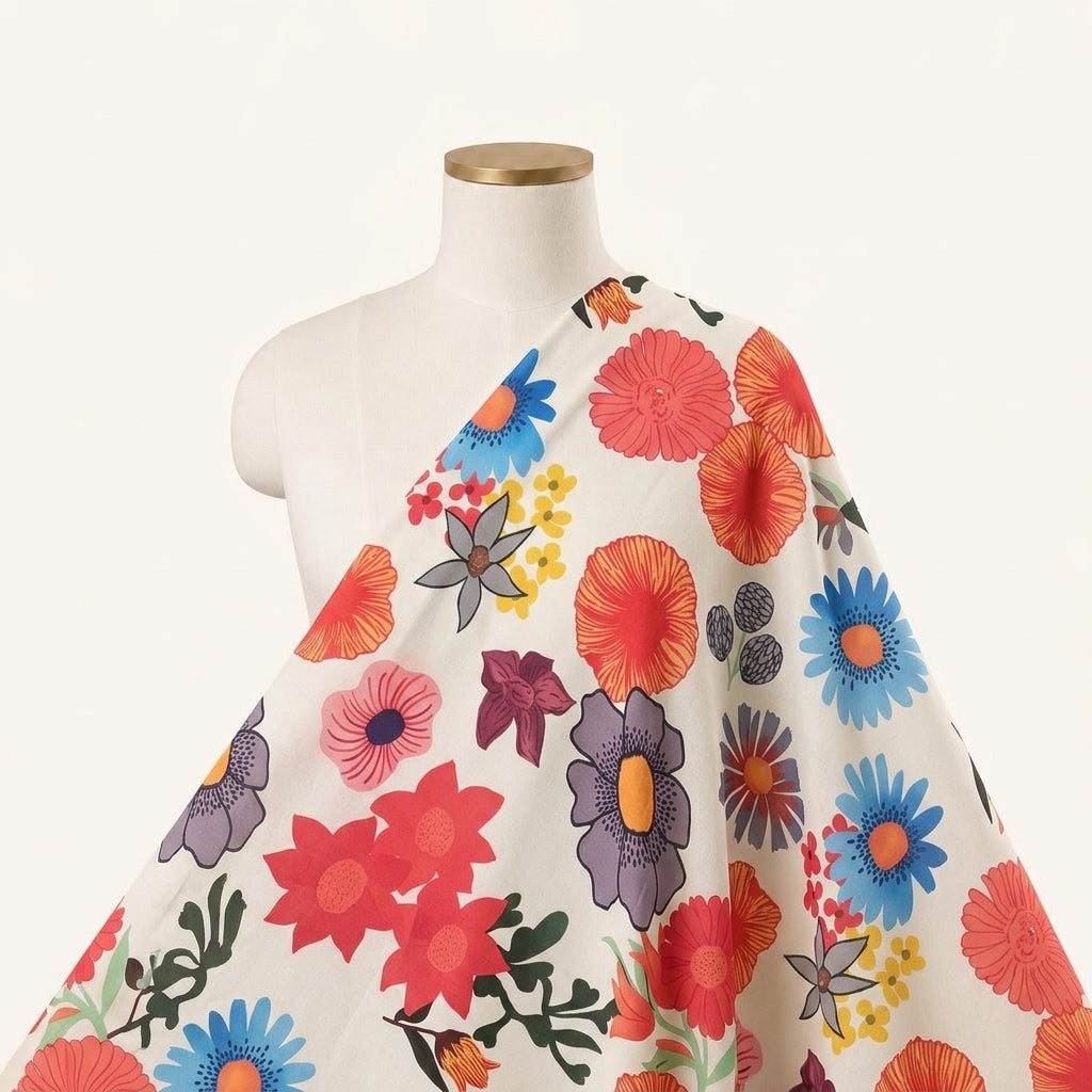Floral Cream Floral Crepe Fabric Draped as a saree