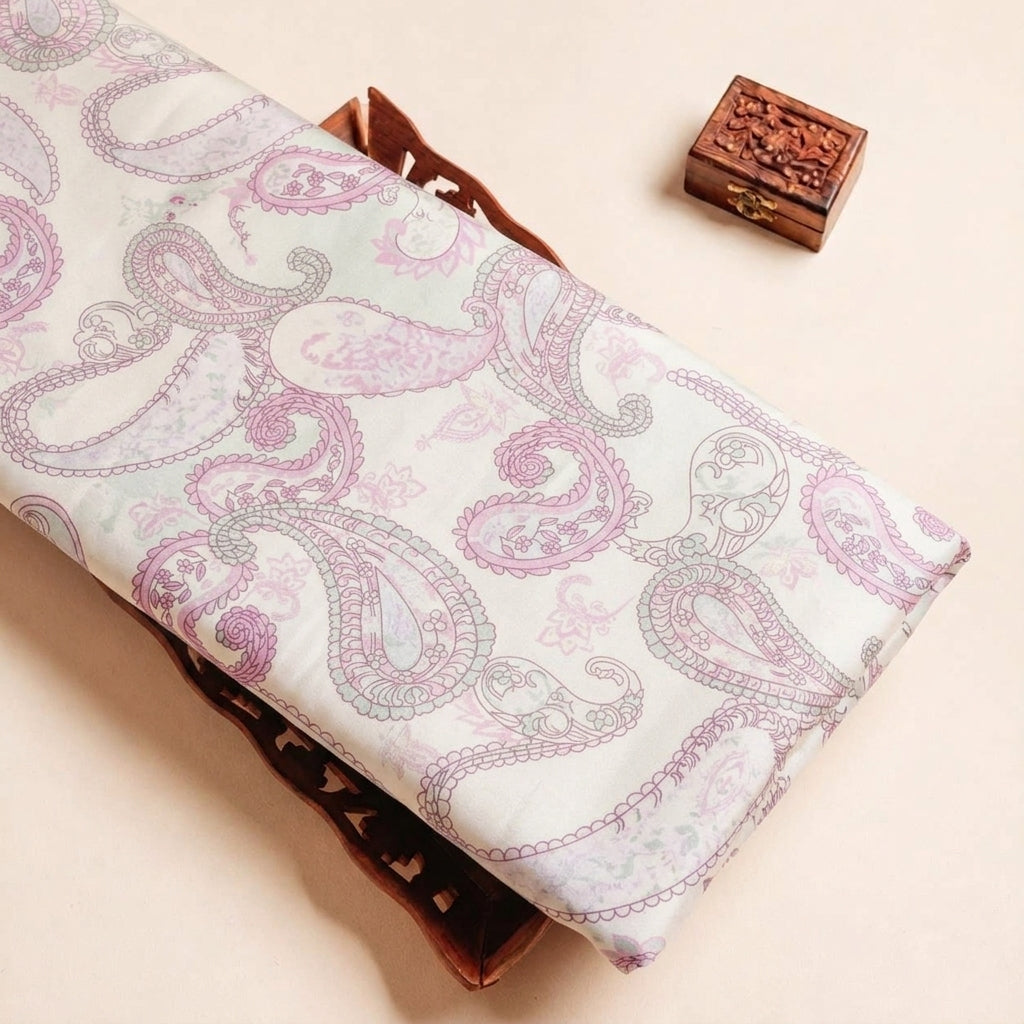 Folded Light Green Paisley Satin Fabric Highlighting and Texture