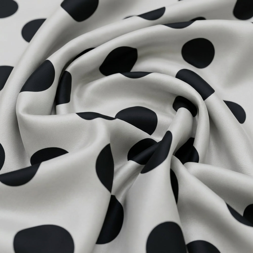 Swirled Polka Dots White Polka Dots Satin Fabric