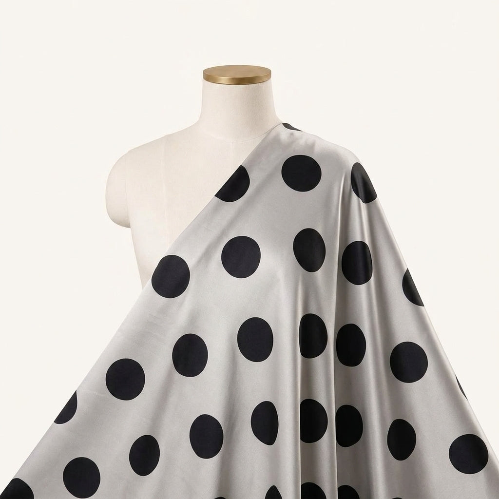 Polka Dots White Polka Dots Satin Fabric Draped as a saree