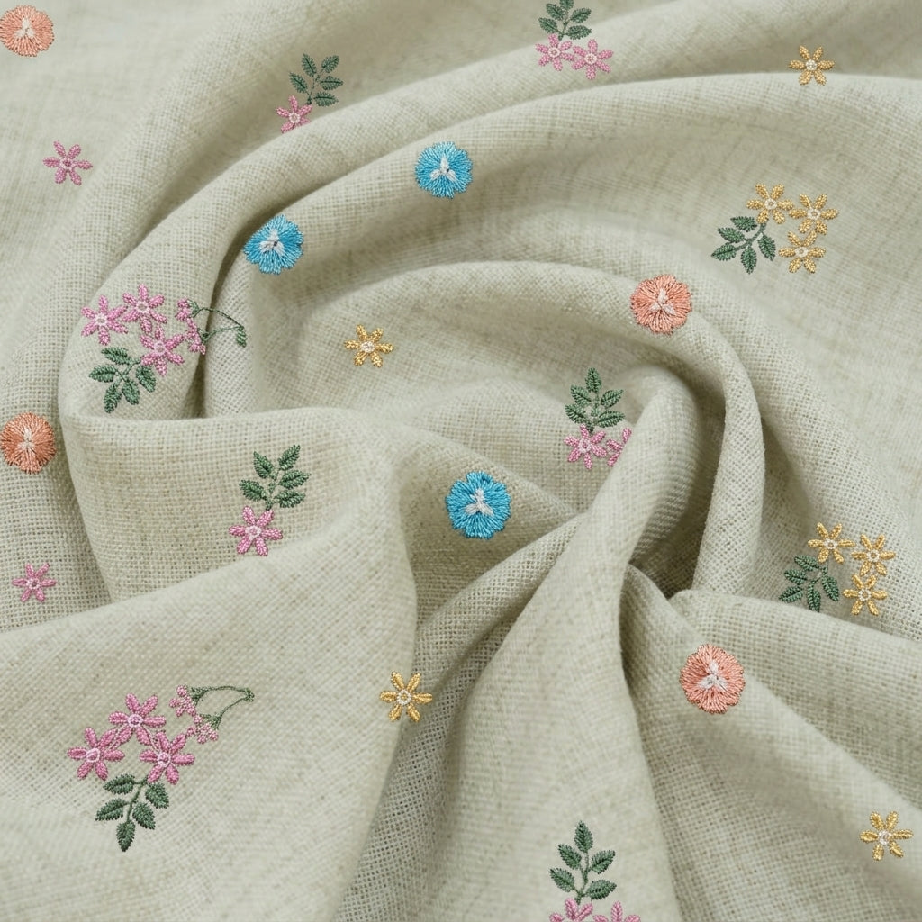 Swirled Embroidery Ivory Embroidery Linen Fabric