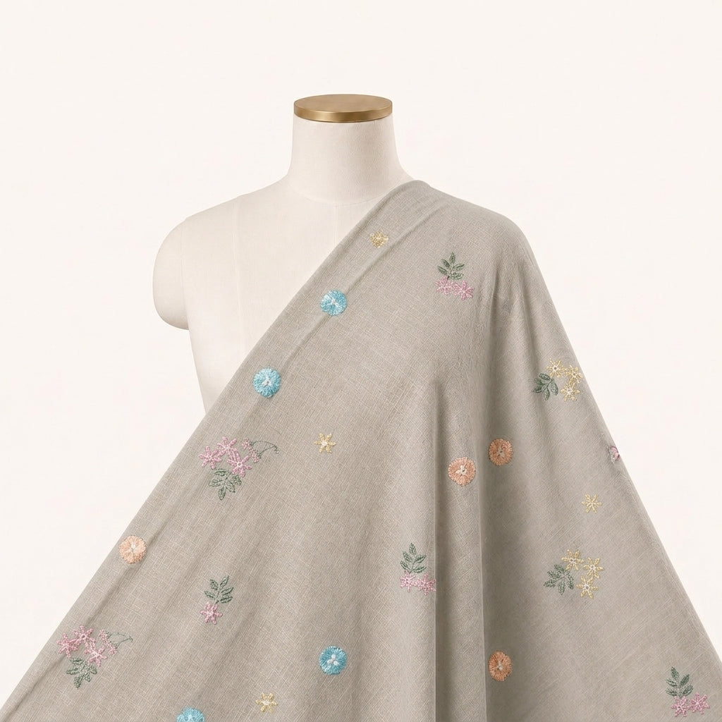 Embroidery Ivory Embroidery Linen Fabric Draped as a saree
